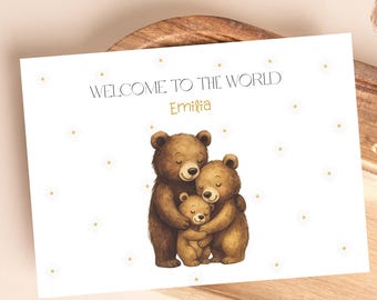 Tarjeta de nacimiento personalizada "Familia de osos" - Impresión de acuarela para bebé - Tarjeta de regalo para recién nacido - Impresión digital