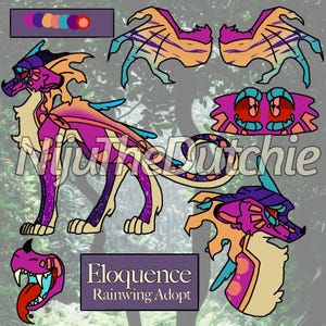 May include: A digital illustration of a dragon named "Eloquence" with a Rainwing Adopt theme. The dragon features a colour palette of purple, orange, and blue. The image includes a full body, head, wing, and mouth view of the dragon.