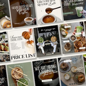 May include: A collage of social media graphics featuring coffee and matcha beverages, bagels, and cinnamon rolls. Text overlays include phrases like Breakfast Menu, Good Days Start With Good Coffee, Seasonal Drink Menu, and We Are Hiring A Barista.