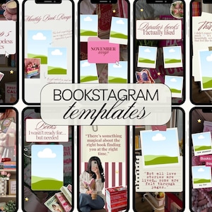 May include: A collection of smartphone screen mockups featuring book-themed Instagram templates. Each template has a unique design with text like "My top 5 reads for hopeless romantics" and "Books I'm reading this month". The templates include images and text.