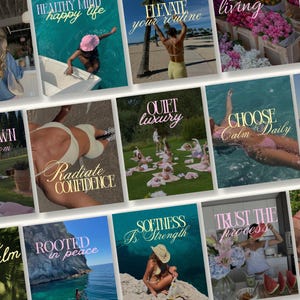Könnte beinhalten: Eine Collage von Lifestyle-Bildern mit Textüberlagerungen. Die Bilder zeigen Themen des Wohlbefindens, darunter Sätze wie „Soft Living“, „Healthy Mind, Happy Life“ und „Radiate Confidence“. Die Fotos zeigen Szenen der Entspannung, Yoga und Naturgenuss.