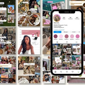 May include: A smartphone displaying an Instagram profile page for Millie Smith, a digital creator. The screen shows a profile picture, follower count, bio, and a grid of various lifestyle photos, including food, travel, and daily activities.