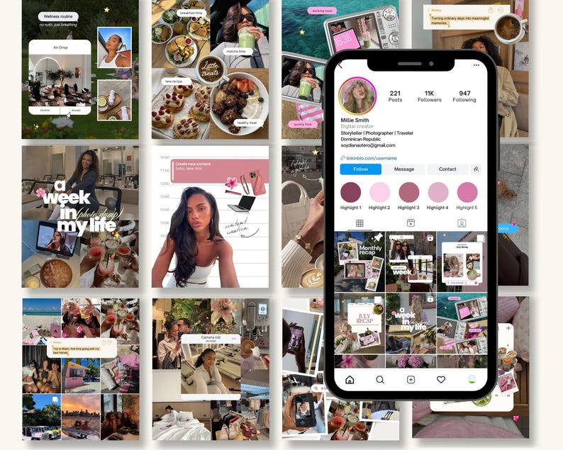 May include: A smartphone displaying an Instagram profile page for Millie Smith, a digital creator. The screen shows a profile picture, follower count, bio, and a grid of various lifestyle photos, including food, travel, and daily activities.