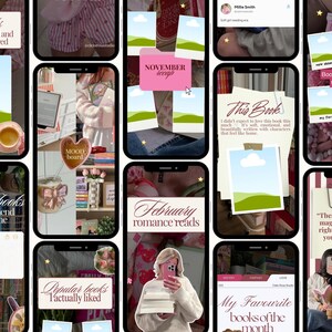 May include: A collage of smartphone screens displaying book-related content. The screens feature text like "Books I judged and actually loved," "February romance reads," and "My Favourite books of the month." The color scheme is soft, with pinks and whites.
