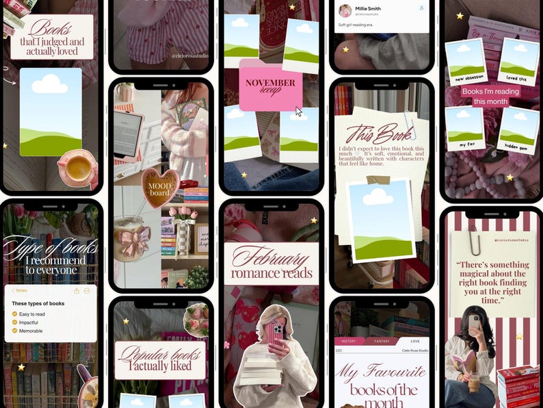 May include: A collage of smartphone screens displaying book-related content. The screens feature text like "Books I judged and actually loved," "February romance reads," and "My Favourite books of the month." The color scheme is soft, with pinks and whites.