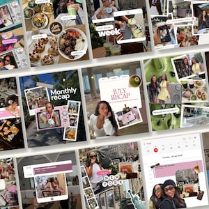 Puede incluir: Un collage digital que presenta múltiples fotografías y elementos de interfaz de redes sociales. El diseño incluye varias instantáneas de comida, bebidas, escenas de viajes y momentos cotidianos, superpuestos con textos como Monthly recap.