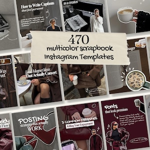 Könnte beinhalten: Eine Collage von Instagram-Vorlagen mit einer neutralen Farbpalette. Das zentrale Bild zeigt den Text "470 Multicolor Scrapbook Instagram Templates". Weitere Bilder enthalten Texte wie "Wie man Bildunterschriften schreibt, die sich persönlich anfühlen" und "Posting-Strategien, die tatsächlich funktionieren".