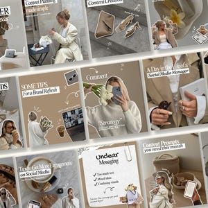 Peut inclure: Un collage d'images avec du texte lié aux médias sociaux et à la création de contenu. Les images présentent des femmes, du café et des accessoires de mode. Le texte comprend "Idées de contenu de décembre", "Planification de contenu simplifiée" et "Tendances annuelles 2026."