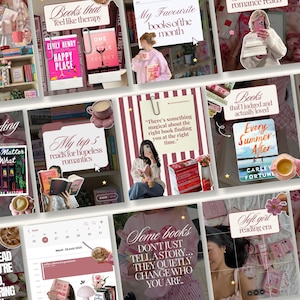 May include: A collage of images featuring books, coffee cups, and handwritten notes. The text includes phrases like "Books that feel like therapy," "My top 5 reads for hopeless romantics," and "Every Summer After." The overall theme is reading and romance.