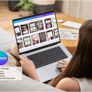 May include: A laptop displaying various design templates, likely for digital marketing or social media. The screen shows multiple layouts with text and images. The Canva logo is visible, along with text: Easy change: Fonts, Colors, Photos, Text and layouts.