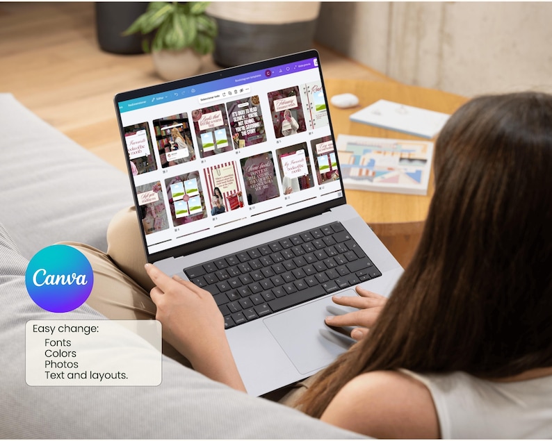 May include: A laptop displaying various design templates, likely for digital marketing or social media. The screen shows multiple layouts with text and images. The Canva logo is visible, along with text: Easy change: Fonts, Colors, Photos, Text and layouts.