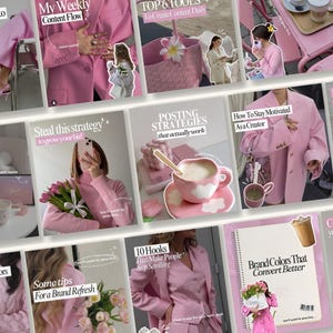 May include: A collage of pink-toned social media posts with text such as "Easiest Way to Trust Online" and "My Weekly Content Flow." The images include a coffee cup, flowers, and a notebook, all in a consistent pink aesthetic.