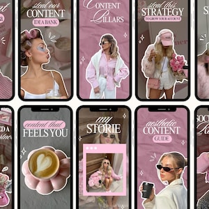 May include: A collection of pink-themed Instagram story templates with text overlays. The templates feature images of women, coffee, and accessories. Text includes phrases like "Content Creator Era," "Idea Bank," and "Aesthetic Content Guide."