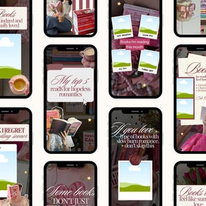 May include: A collection of smartphone screens displaying book-related content. The screens feature text like "Books I'm reading this month" and "My top 5 reads for hopeless romantics." Each screen has a photo and text overlay.