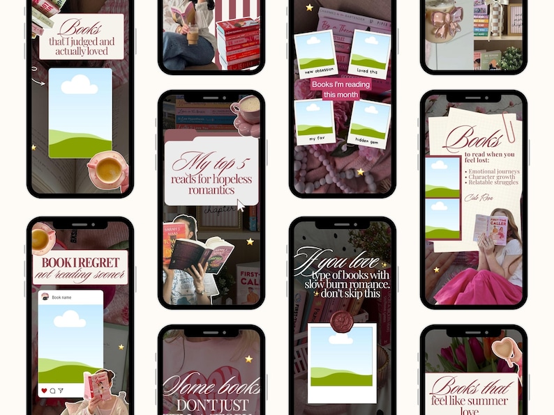 May include: A collection of smartphone screens displaying book-related content. The screens feature text like "Books I'm reading this month" and "My top 5 reads for hopeless romantics." Each screen has a photo and text overlay.
