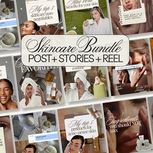 May include: A digital collection of social media templates titled Skincare Bundle POST + STORIES + REEL, featuring various layouts with neutral tones, skincare product imagery, and text overlays about skincare routines, tips, and ingredients.