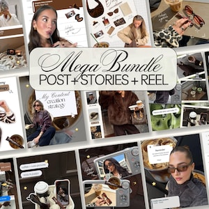 May include: A collage of images with a brown and beige color scheme. The central image features the text "Mega Bundle POST + STORIES + REEL". Other images include coffee, sunglasses, and text such as "How I create my content strategy".