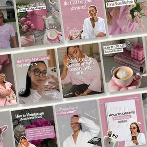 May include: A collage of pink-themed social media content, featuring images of a woman in various settings. Text overlays include phrases like "How to Create Aesthetic IG Posts" and "A Day in the Life of a Social Media Manager."