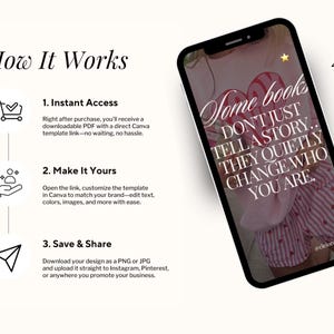 May include: A smartphone displays text that reads "Some books don't just tell a story... they quietly change who you are." The phone is set against a cream-colored background with the words "How It Works" and numbered steps.