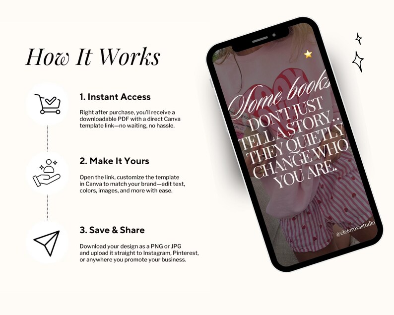May include: A smartphone displays text that reads "Some books don't just tell a story... they quietly change who you are." The phone is set against a cream-colored background with the words "How It Works" and numbered steps.