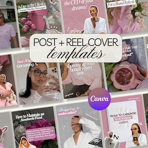 May include: A collection of pink and white social media templates with the text "POST + REEL COVER templates" and "Canva". The templates feature images of women, flowers, and text overlays for content creation.
