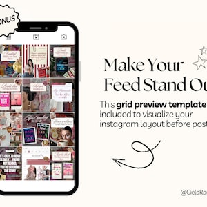 May include: A smartphone displays a grid of Instagram posts with book-themed content. The text "Make Your Feed Stand Out" is above a description of the template. A bonus tag is in the upper left corner.