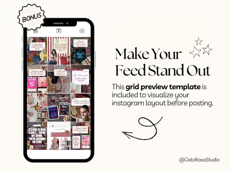 May include: A smartphone displays a grid of Instagram posts with book-themed content. The text "Make Your Feed Stand Out" is above a description of the template. A bonus tag is in the upper left corner.