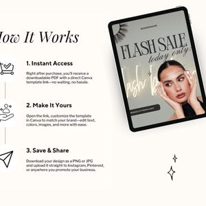 May include: A digital graphic displaying a How It Works guide for a Canva template. It features a tablet showing a Flash Sale advertisement with a person, alongside three steps: 1. Instant Access, 2. Make It Yours, and 3. Save & Share with icons.