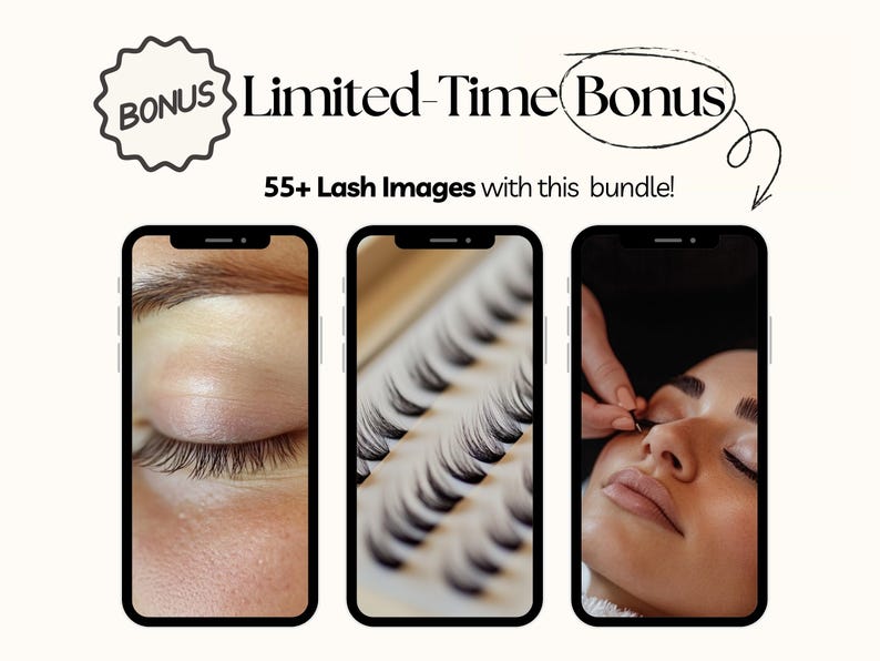 Puede incluir: Tres tel&eacute;fonos inteligentes muestran contenido sobre pesta&ntilde;as con el texto BONUS Limited-Time Bonus y 55+ Lash Images with this bundle! Las pantallas muestran un ojo cerrado con pesta&ntilde;as naturales, una bandeja de pesta&ntilde;as postizas y aplicaci&oacute;n.