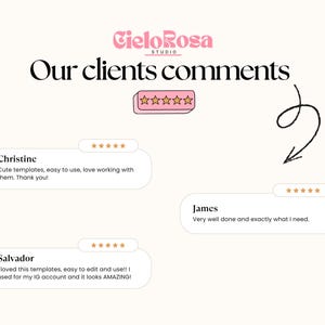 May include: Cream-colored graphic with the text "Cielo Rosa Studio" and "Our clients comments." Includes client testimonials with five-star ratings. The testimonials are from Christine, Salvador, and James.