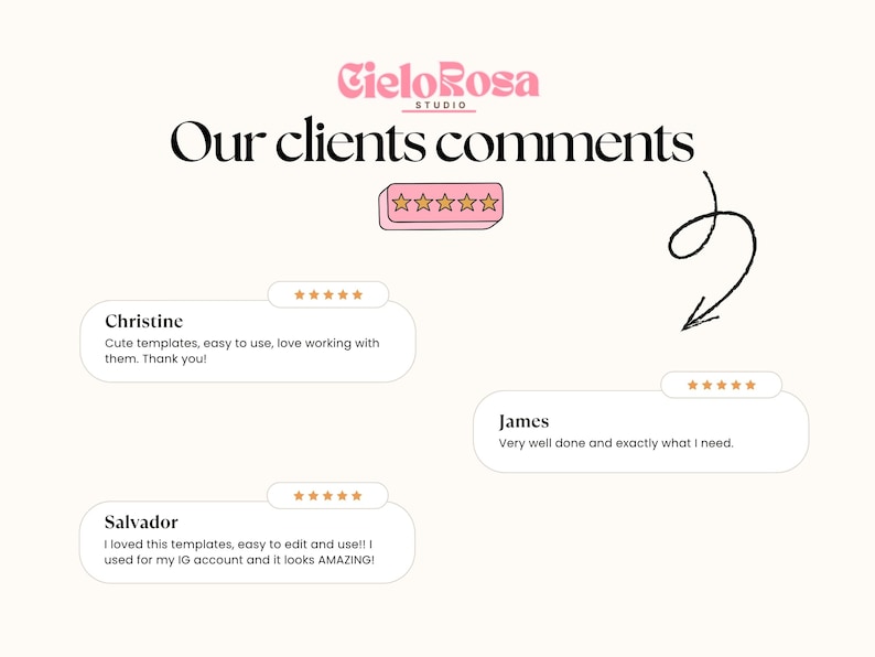 May include: Cream-colored graphic with the text "Cielo Rosa Studio" and "Our clients comments." Includes client testimonials with five-star ratings. The testimonials are from Christine, Salvador, and James.