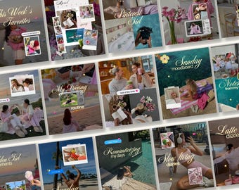 May include: A collage of lifestyle images with text overlays. The images feature various scenes, including people, food, and flowers. Text includes "This Week's Favorites," "April," "Pinterest Girl," "My Dreamy Routine," and "Sunday Moodboard."