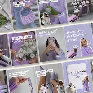 Può includere: Un collage di immagini con una combinazione di colori viola e bianco. Le immagini presentano testo come "Brand Refresh", "Stop Doing This on Instagram" e "Visual Trends for 2026". Altre immagini mostrano accessori e articoli di moda.
