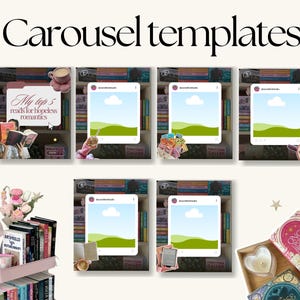 May include: A collection of Instagram carousel templates with a bookshelf background. The templates feature a variety of images and text, including the phrase "My top 5 reads for hopeless romantics". The image also includes books and decorative items.