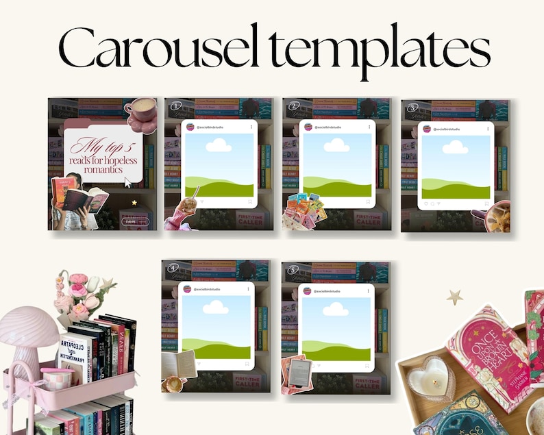 May include: A collection of Instagram carousel templates with a bookshelf background. The templates feature a variety of images and text, including the phrase "My top 5 reads for hopeless romantics". The image also includes books and decorative items.