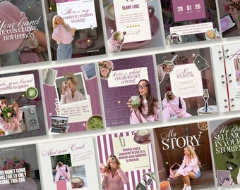 May include: A collection of social media post templates featuring a pink and purple color palette, including text overlays such as Here's my content creation strategy, Client Love, New Webinar, Meet your Coach, and My Story with various lifestyle imagery.