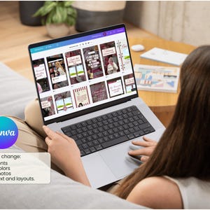 May include: A person using a laptop displaying a Canva design interface. The screen shows various templates with text and images. The Canva logo is visible, along with text indicating easy changes to fonts, colors, photos, and layouts.
