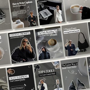 Könnte beinhalten: Eine Sammlung von Social-Media-Marketing-Grafiken mit Textüberlagerungen. Die Bilder zeigen Lifestyle-Fotos mit Text wie „How to Write Captions“ und „Content Prompts“. Das Farbschema ist hauptsächlich Schwarz, Weiß und Grau, wobei einige Bilder Kaffeetassen und Modeaccessoires enthalten.