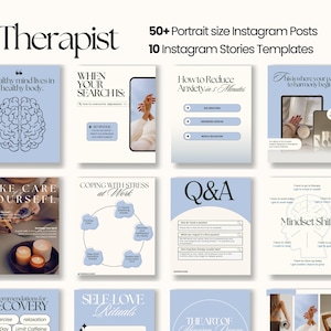 May include: A set of Instagram templates in light blue and white, promoting mental health and wellness. The templates feature text like "Therapist", "Coping with Stress", and "Self Love Rituals". The design is clean and modern, suitable for social media.