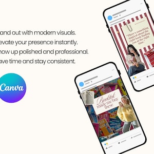 May include: Image showcasing Canva's social media templates on smartphones. The image features two phones displaying social media posts with book-related themes. Text includes "Stand out with modern visuals" and "Booktok made me buy these."