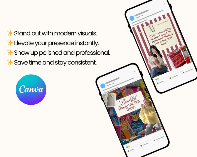 May include: Image showcasing Canva's social media templates on smartphones. The image features two phones displaying social media posts with book-related themes. Text includes "Stand out with modern visuals" and "Booktok made me buy these."