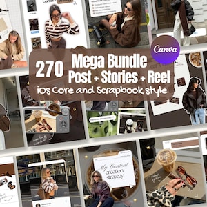 Op de afbeelding: Een collage van afbeeldingen met verschillende lifestyle- en mode-inhoud. De centrale afbeelding toont de tekst "270 Mega Bundle Post + Stories + Reel ios Core and Scrapbook style" met het Canva-logo. Andere afbeeldingen bevatten modeaccessoires, koffie en tekstoverlays.