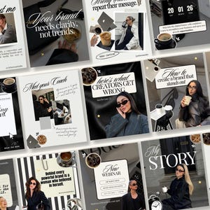 May include: A collection of social media post templates featuring a neutral color palette, typography, and lifestyle imagery. The designs include text overlays such as About me, Your brand needs clarity, not trends, and My story, alongside coffee cups.