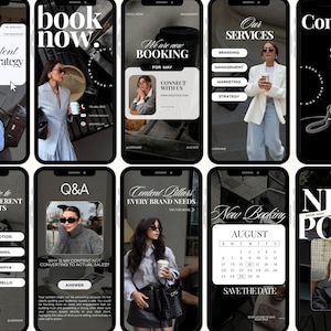 May include: A series of smartphone screens with a black and white theme. The screens display text such as "Book Now," "Our Services," and "New Post." Each screen features a woman in sunglasses, and some include text like "My Content Creation Strategy" and "Connect With Us."