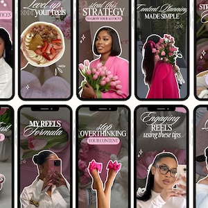 May include: A collection of ten smartphone screens with pink and white backgrounds. Each screen features a woman and text related to social media reels, including "Best Practices," "Level up your reels," and "Engaging Reels."