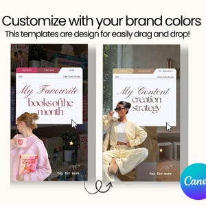 May include: Two digital templates with the text "My Favourite books of the month" and "My Content creation strategy". The templates are designed for drag and drop customization with brand colors. The Canva logo is visible.
