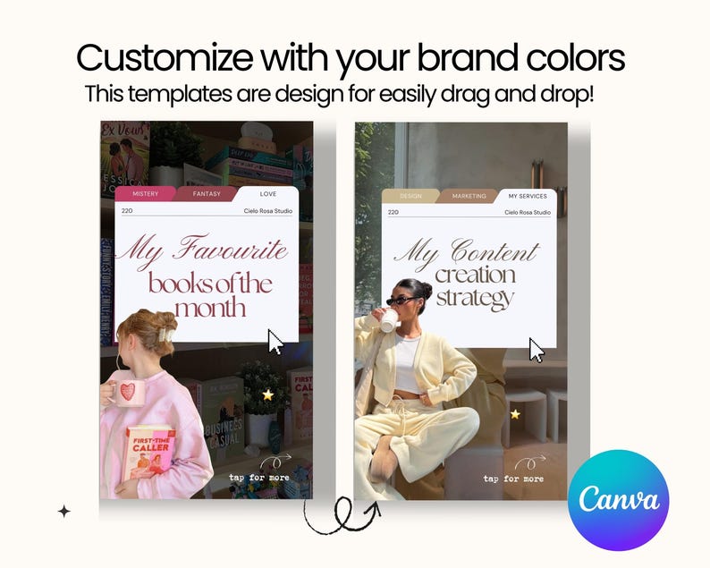 May include: Two digital templates with the text "My Favourite books of the month" and "My Content creation strategy". The templates are designed for drag and drop customization with brand colors. The Canva logo is visible.