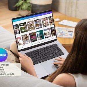 May include: A silver laptop displaying a grid of social media post templates on a screen. The interface shows various image layouts, text boxes, and design elements. A circular purple and blue Canva logo is visible, along with text stating Easy change: Fonts, Colors, Photos, Text and layouts.