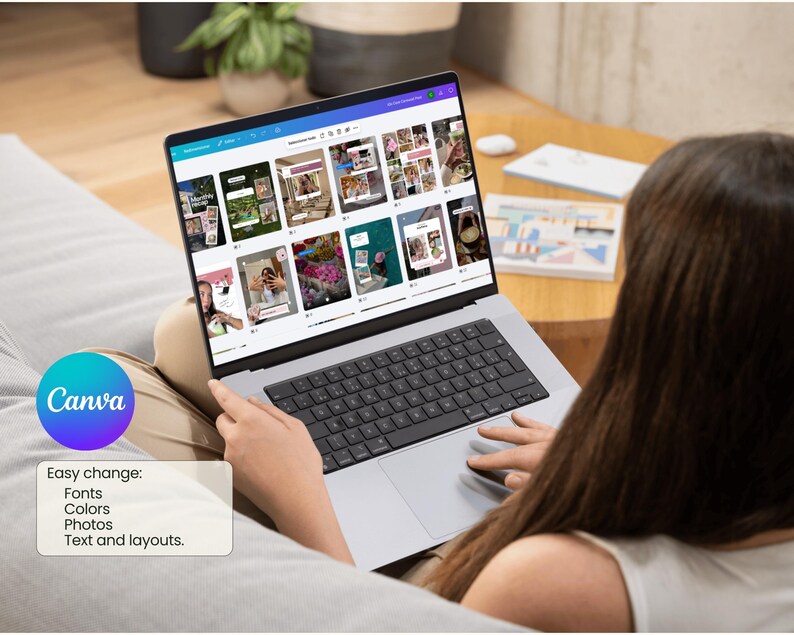May include: A silver laptop displaying a grid of social media post templates on a screen. The interface shows various image layouts, text boxes, and design elements. A circular purple and blue Canva logo is visible, along with text stating Easy change: Fonts, Colors, Photos, Text and layouts.