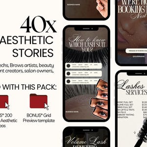 Puede incluir: Un conjunto de plantillas de marketing digital con 40 dise&ntilde;os de historias est&eacute;ticas para profesionales de pesta&ntilde;as y cejas. El dise&ntilde;o incluye maquetas de tel&eacute;fonos inteligentes que muestran texto como How to know which lash suit you.